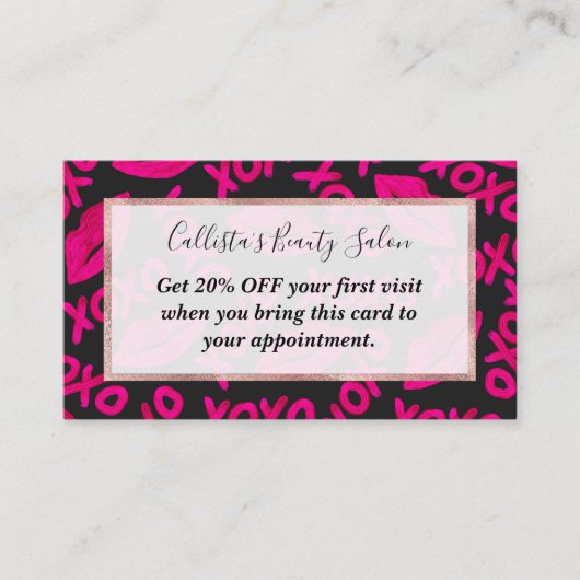 XOXO引用文ブラックネオンピンクリップスティックパターン 割引カード (正面)