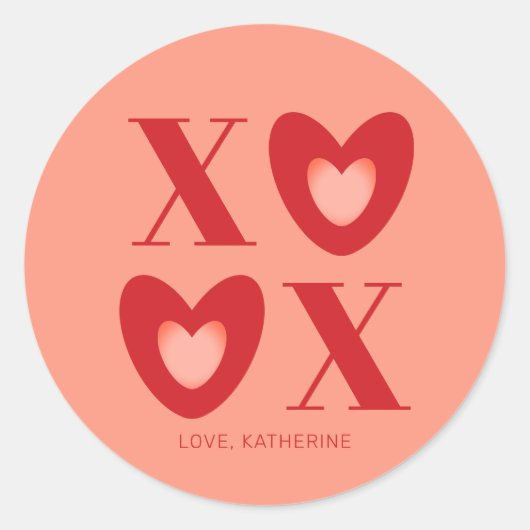 XOXO赤と桃のハートタイポグラフィモダンかわいい ラウンドシール (正面)