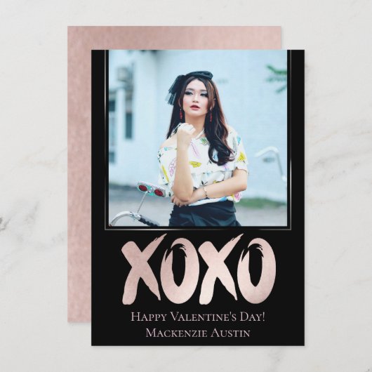 XOXO赤面ピンク |ブラッシュストロークのバレンタイン写真 シーズンカード (正面/裏面)