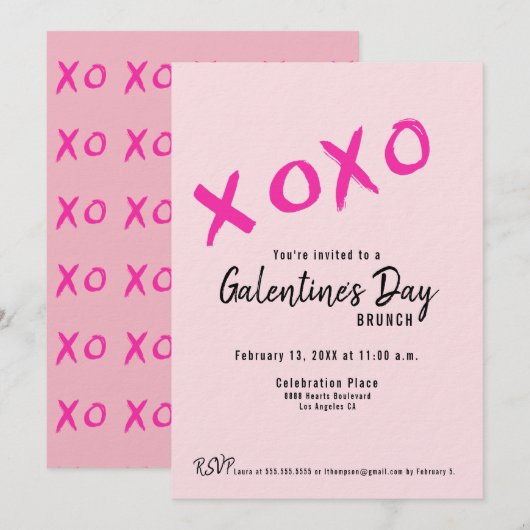 XOXO ガレンティーンデーの女子会 ピンク モダン 招待状 (正面/裏面)