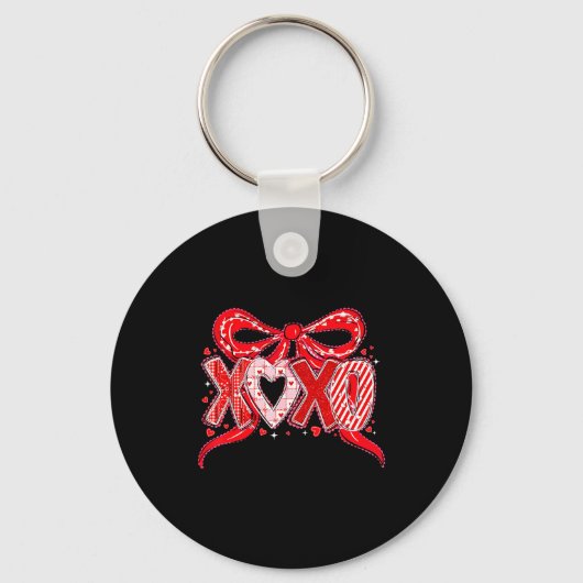Xoxo Funny Valentines Day Love Coquette Bow Checke キーホルダー (正面)