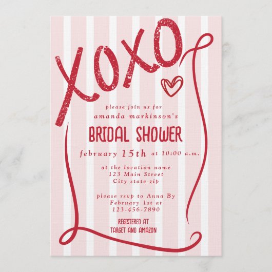 XOXO Hand Drawn Pink Bridal Shower Party 招待状 (正面)