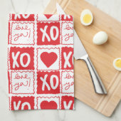 XOXO Love Heart Valentines Red White キッチンタオル (四つ折り)