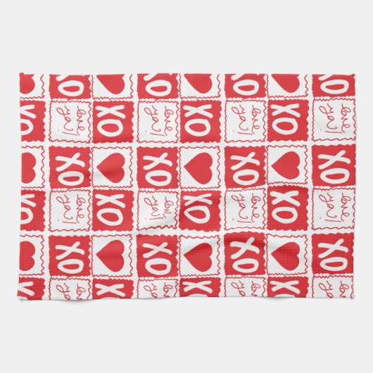 XOXO Love Heart Valentines Red White キッチンタオル (横)