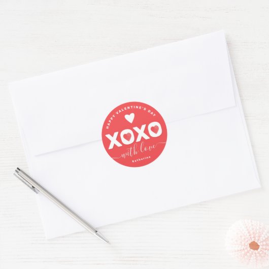 XOXO Red Valentine's Day Personalized Name ラウンドシール (封筒)
