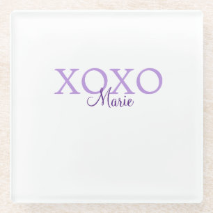 Xoxo valentine's day名前パープルパステルminimaを追加 ガラスコースター