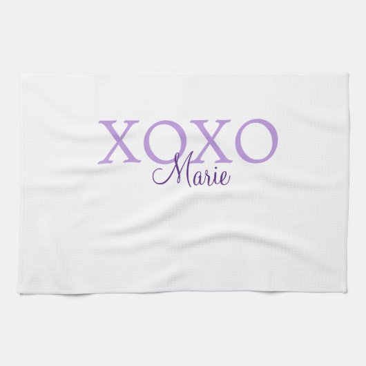 Xoxo valentine's day名前パープルパステルminimaを追加 キッチンタオル (横)