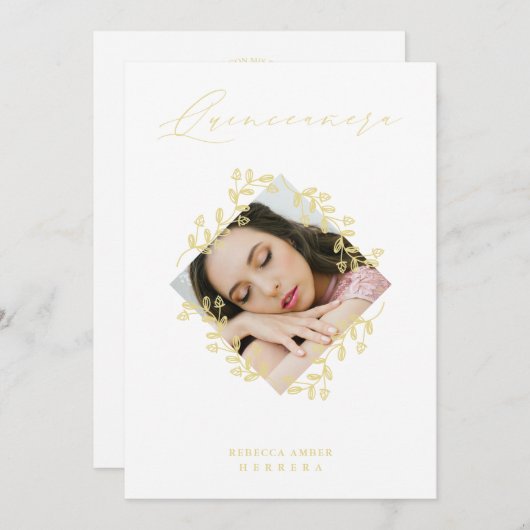 XVアニョス金ゴールド山花の白い写真 招待状 (正面/裏面)