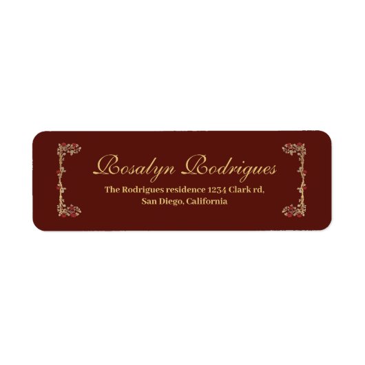 xv AÑOS Gold and Burgundy Red Rose Quinceañera ラベル (正面)