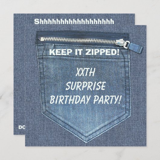 XXthの驚きの誕生会はそれをファスナーを締められたデニム保ちます 招待状 (正面/裏面)