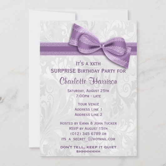 XXthサプライズ誕生日パーティーのダマスクとボウ 招待状 (裏面)