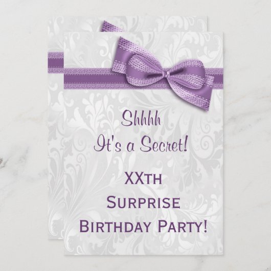 XXthサプライズ誕生日パーティーのダマスクとボウ 招待状 (正面/裏面)