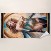 Xzendor7によって華やかな金ゴールドターコイズの服装の女性 ビーチタオル (正面)