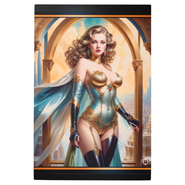 Xzendor7によって華やかな金ゴールドターコイズの服装の女性 メタルプリント (正面)