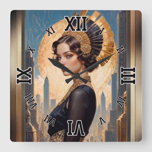 Xzendor7による黄金のアールデコによる美しい スクエア壁時計 (正面)