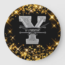 Yイニシャルパーソナライズされたシルバーモノグラムあなたのお名前 ラージ壁時計