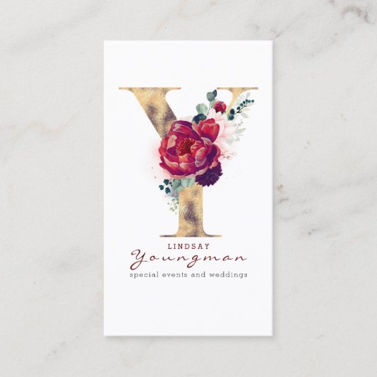 Yモノグラムゴールドフォイルとバーガンディーレッドフローラ 名刺 (正面)