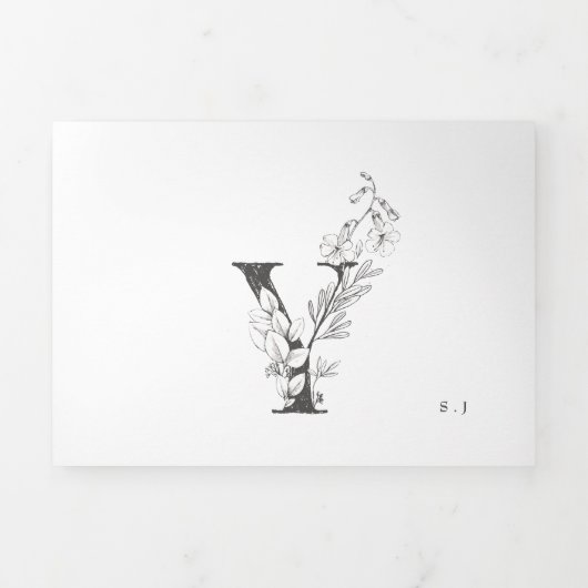 'Y'モノグラム美しいスケッチフローラ結婚ズ 三つ折り招待状 (カバー)