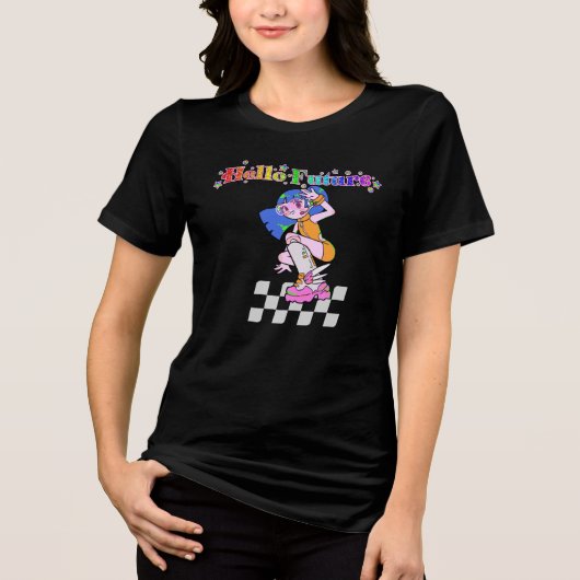 Y2Kアニメガール こんにちは未来 トライブレンドTシャツ (正面)