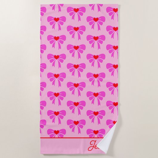 y2kコケットリボンパターンレッド&ピンク名門私立校風の名 ビーチタオル (正面)