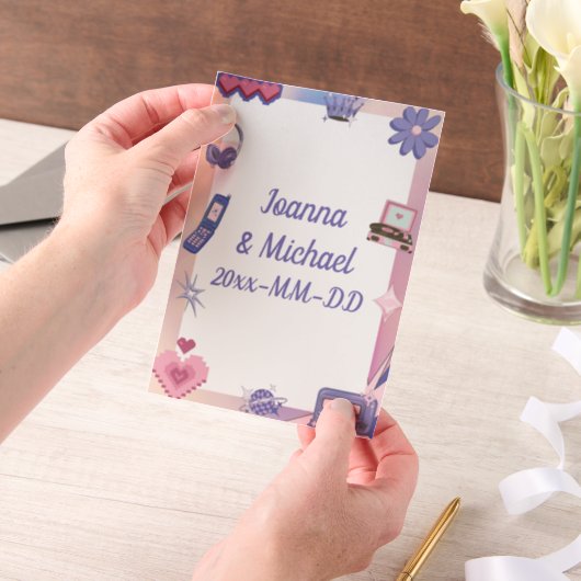 Y2Kピンクパープル2000sレトロテックギークラブズ結婚ズ ベラム紙招待状 (ポータブル)