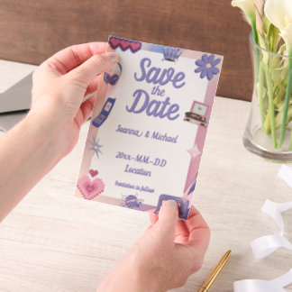 Y2Kピンクパープル2000sレトロテックギークラブズ結婚ズ ベラム紙招待状