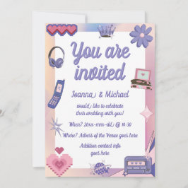 Y2Kピンクパープル2000sレトロテックギークラブズ結婚ズ 招待状