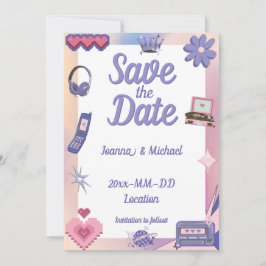 Y2Kピンクパープル2000sレトロテックギークラブズ結婚ズ 招待状