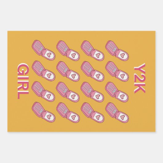 Y2Kフリップフォンハートパターン ラッピングペーパーシート (正面)