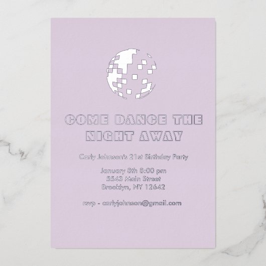 Y2Kメタリックシルバーパープルディスコ21st誕生日 箔招待状 (正面)