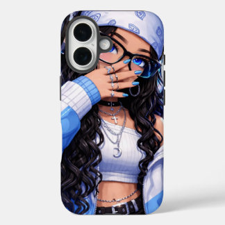 Y2K風かわいいアニメ女子ブルー系デザイン iPhone 16ケース