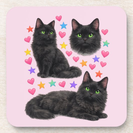 y2k レインボーハート 黒猫 かわいい コースター (正面)