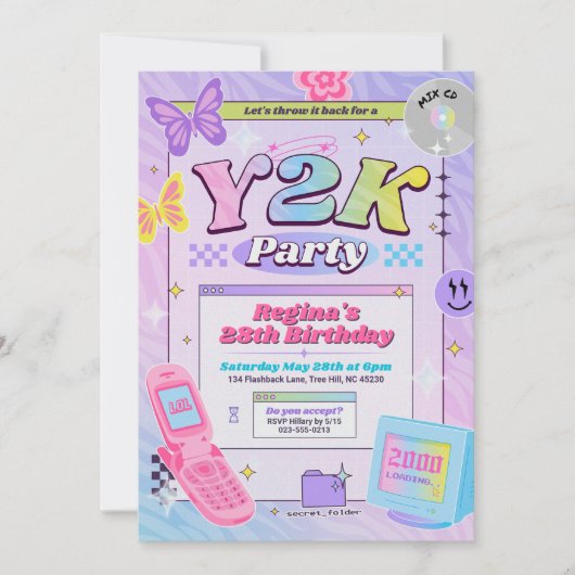 Y2K 2000のテーマ誕生日パーティーへの招待 招待状 (正面)
