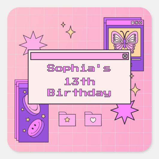 Y2K 2000年代 レトロ コンピューターインターフェース 誕生日パーティー スクエアシール (正面)