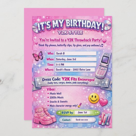 Y2K 2000's Birthday Party Invitation 招待状 (正面/裏面)