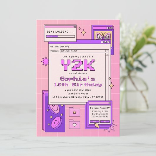 Y2K 2000s Retro Computer Interface Birthday Party 招待状 (スタンド正面)