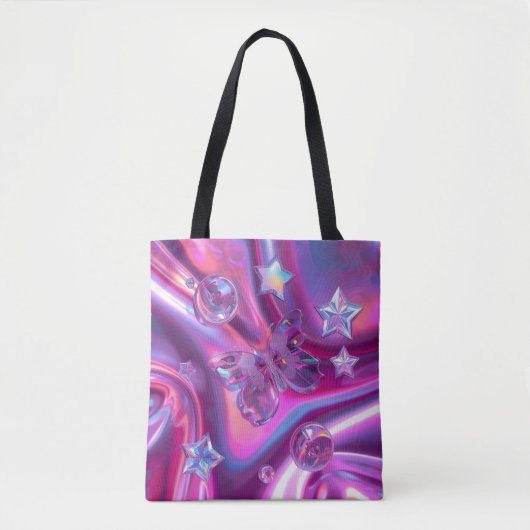 Y2K Chrome Butterfly Tote Bag | Holographic Pink トートバッグ (正面)