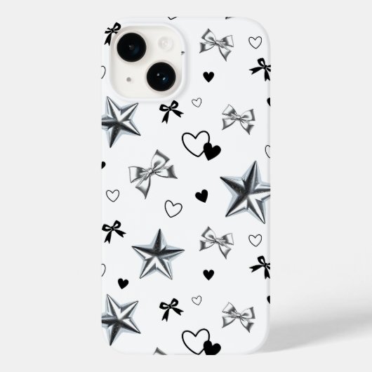 Y2K Dark Coquette Silver Star Ribbon Heart Pattern Case-Mate iPhoneケース (裏面)