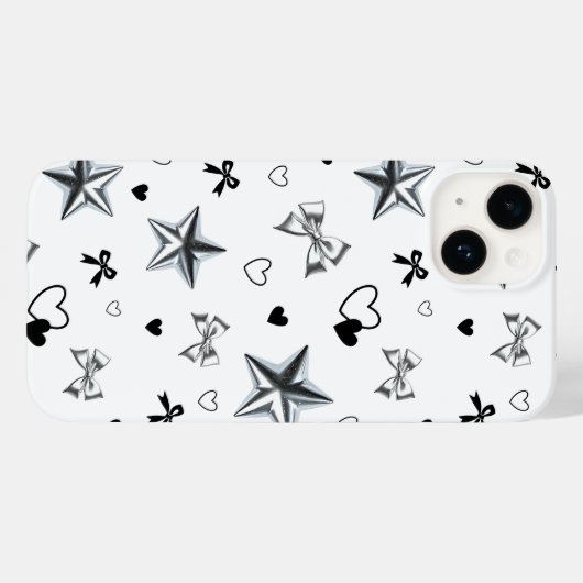Y2K Dark Coquette Silver Star Ribbon Heart Pattern Case-Mate iPhoneケース (裏面 (横))