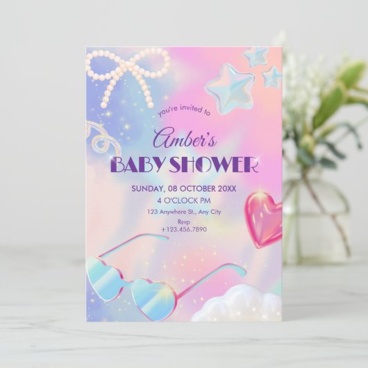 Y2k hologram cute baby shower 招待状 (スタンド正面)