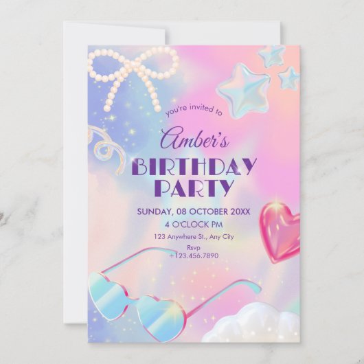 Y2k hologram cute birthday 招待状 (正面)