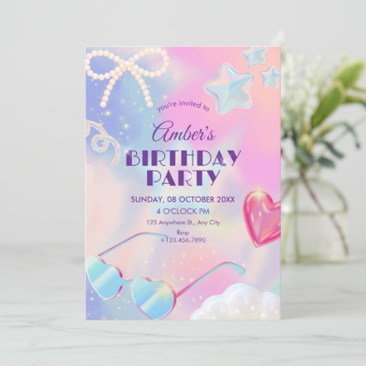 Y2k hologram cute birthday 招待状 (スタンド正面)