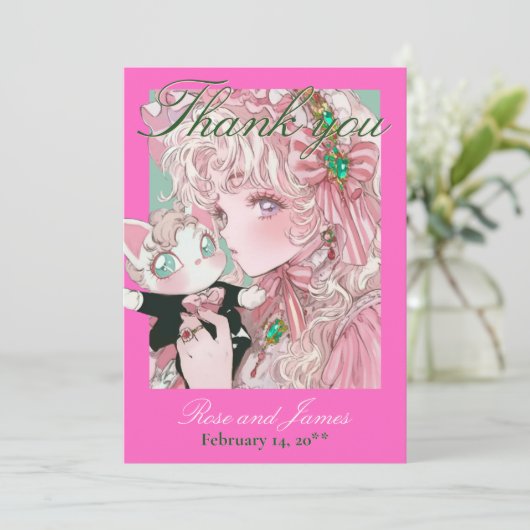 Y2K Pink Anime Gothic Cat Wedding Thank You Card (スタンド正面)