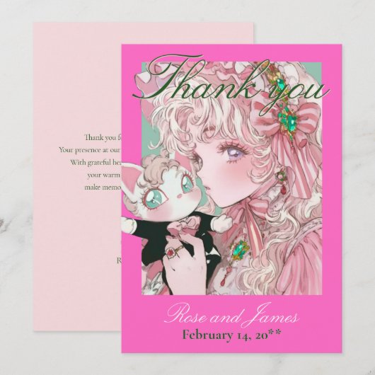 Y2K Pink Anime Gothic Cat Wedding Thank You Card (正面/裏面)