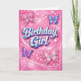 Y2K Sparkle Pink Butterfly Birthday Girl Card カード