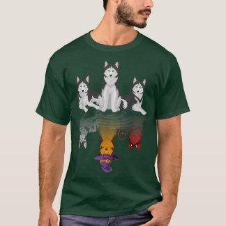 Y4WBかわいいハスキー犬ウィッチー秋ハロウィーンハスキー Tシャツ
