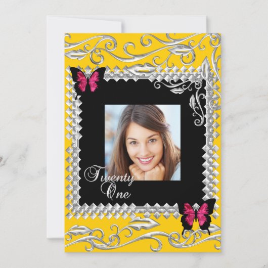 Y 21th誕生日パーティーピンクブラック蝶 招待状 (正面)