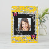 Y 21th誕生日パーティーピンクブラック蝶 招待状 (スタンド正面)