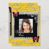 Y 21th誕生日パーティーピンクブラック蝶 招待状 (正面/裏面)