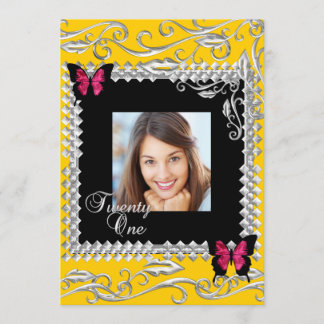 Y 21th誕生日パーティーピンクブラック蝶 招待状